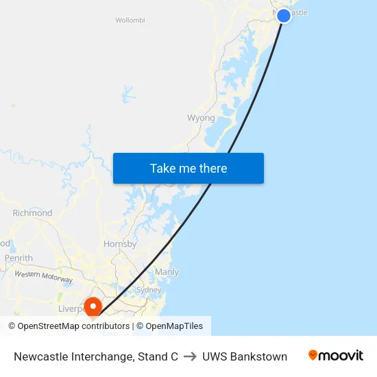 Newcastle Interchange, Stand C to UWS Bankstown map