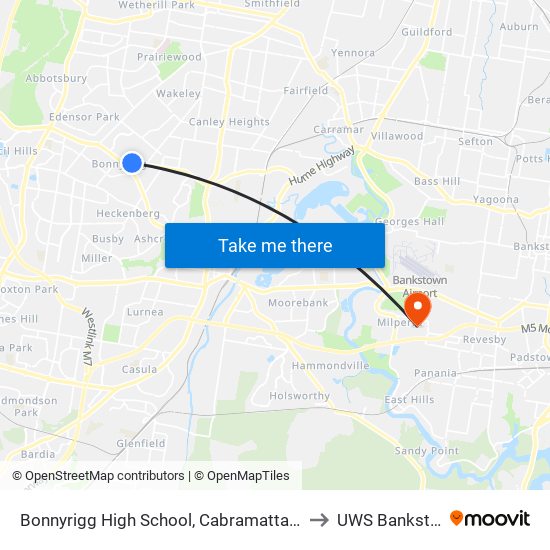 Bonnyrigg High School, Cabramatta Rd West to UWS Bankstown map