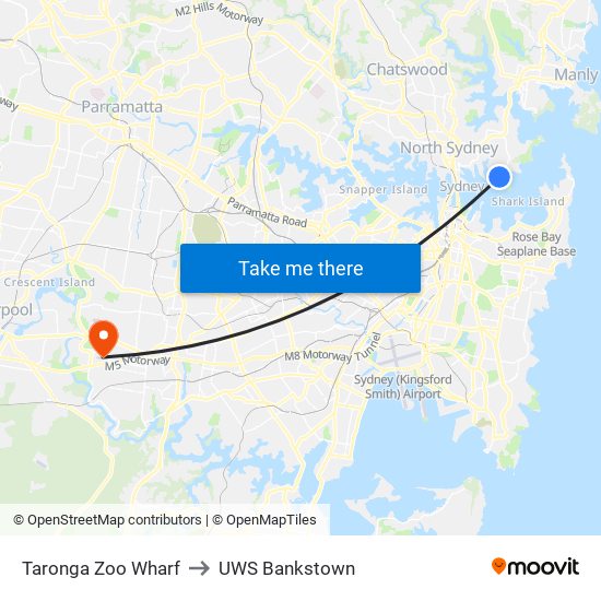 Taronga Zoo Wharf to UWS Bankstown map