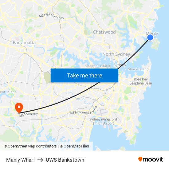 Manly Wharf to UWS Bankstown map