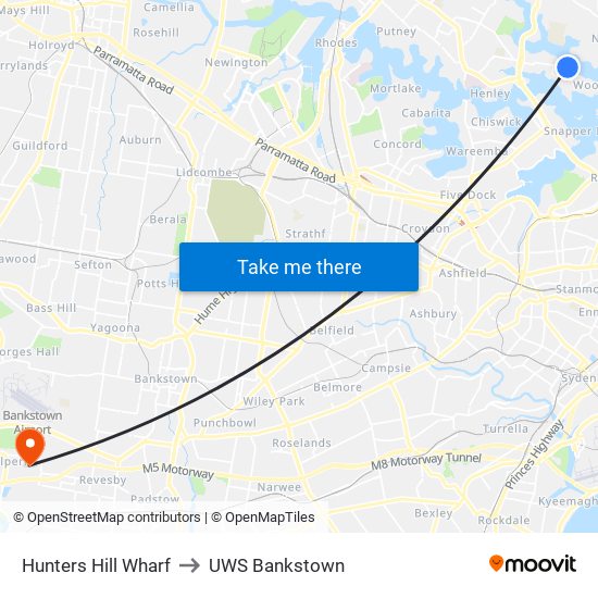 Hunters Hill Wharf to UWS Bankstown map