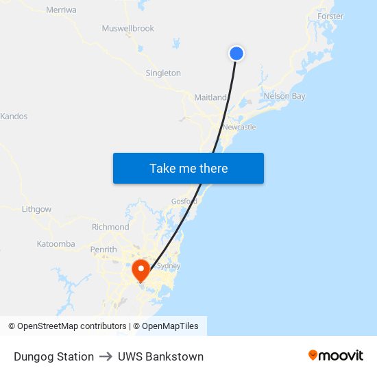 Dungog Station to UWS Bankstown map