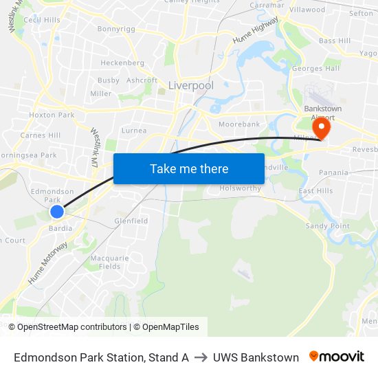 Edmondson Park Station, Stand A to UWS Bankstown map