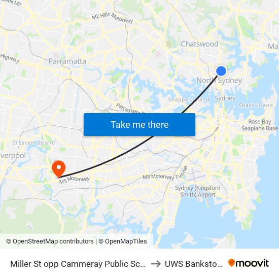 Miller St opp Cammeray Public School to UWS Bankstown map