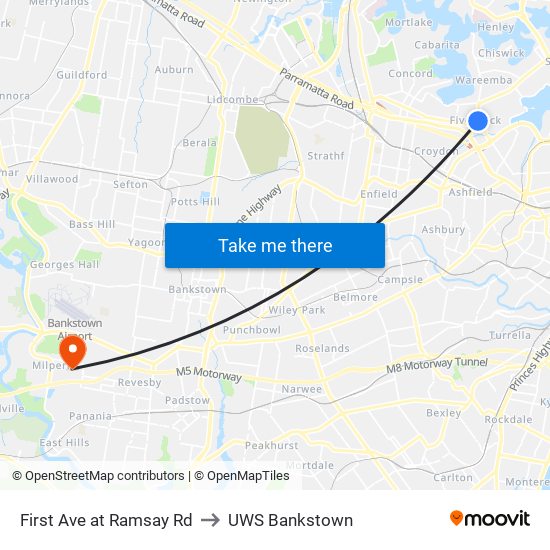 First Ave at Ramsay Rd to UWS Bankstown map