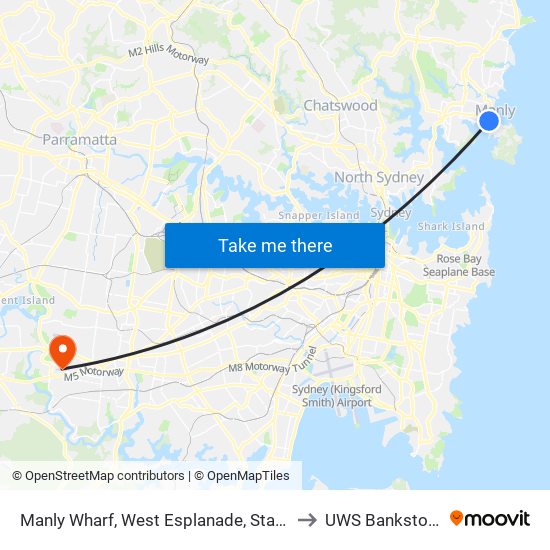 Manly Wharf, West Esplanade, Stand A to UWS Bankstown map