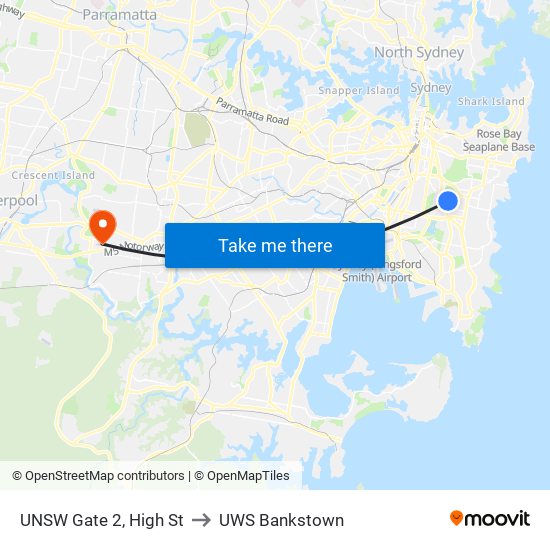 UNSW Gate 2, High St to UWS Bankstown map