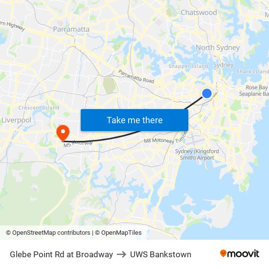 Glebe Point Rd at Broadway to UWS Bankstown map