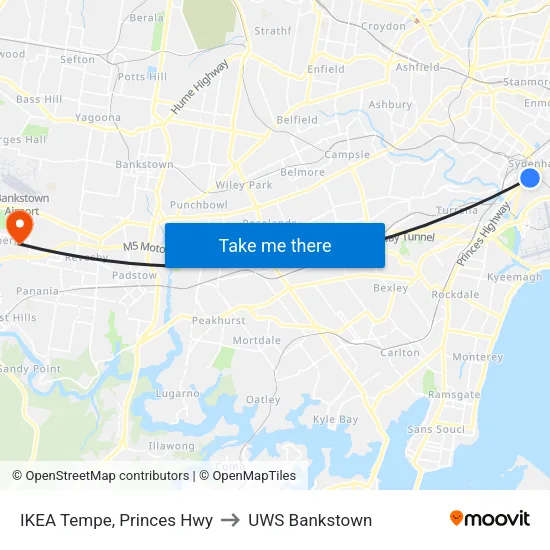 IKEA Tempe, Princes Hwy to UWS Bankstown map