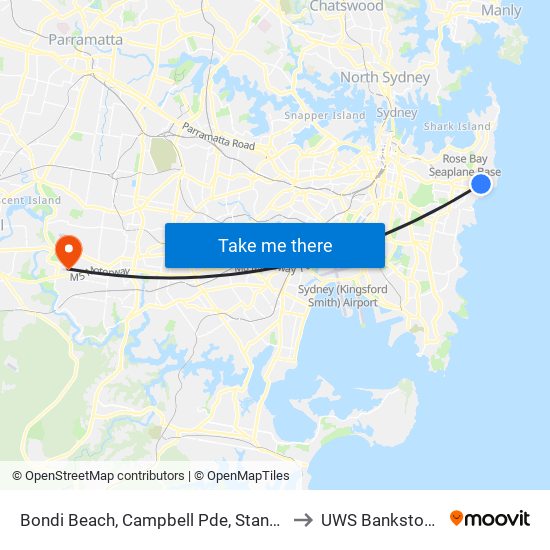 Bondi Beach, Campbell Pde, Stand A to UWS Bankstown map