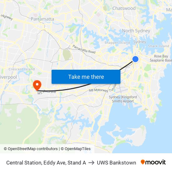 Central Station, Eddy Ave, Stand A to UWS Bankstown map