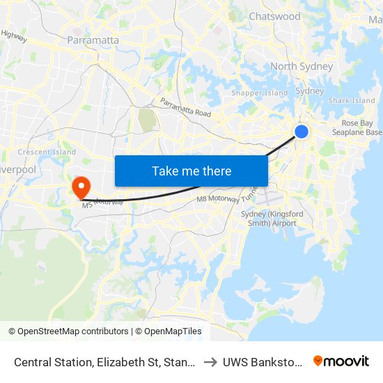 Central Station, Elizabeth St, Stand E to UWS Bankstown map