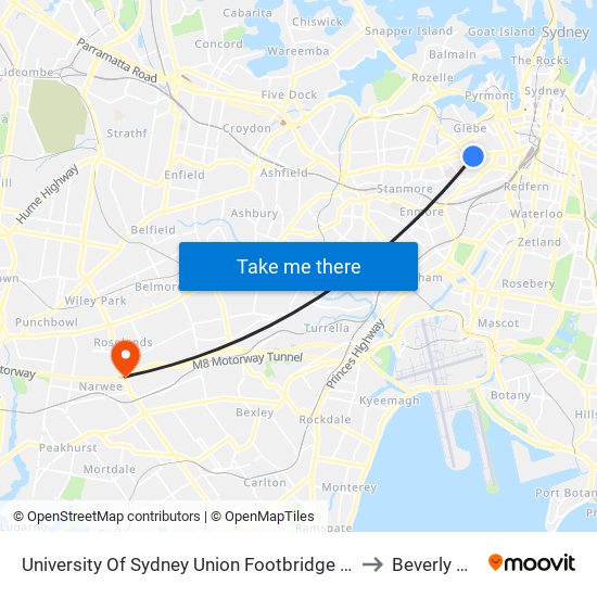 University Of Sydney Union Footbridge Station to Beverly Hills map