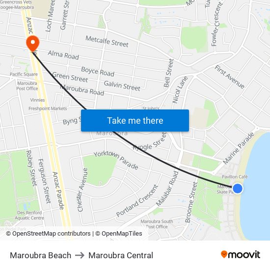 Maroubra Beach to Maroubra Central map