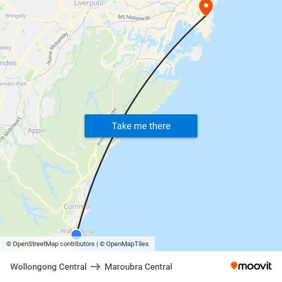 Wollongong Central to Maroubra Central map