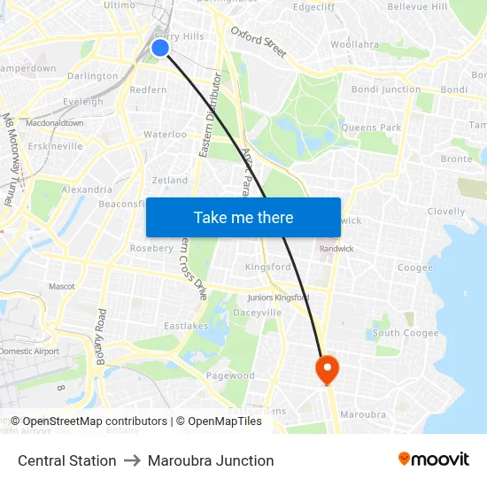 Central Station to Maroubra Junction map