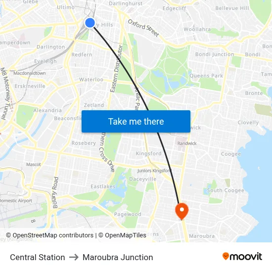 Central Station to Maroubra Junction map
