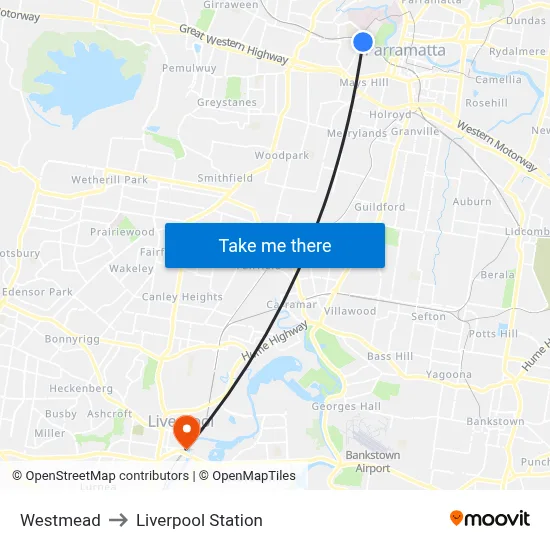 Westmead to Liverpool Station map