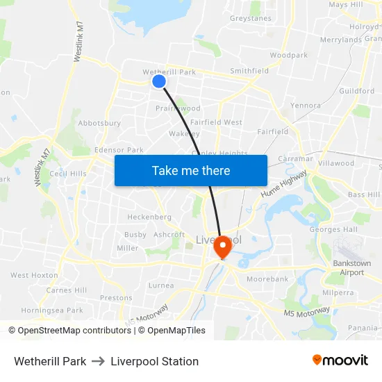Wetherill Park to Liverpool Station map
