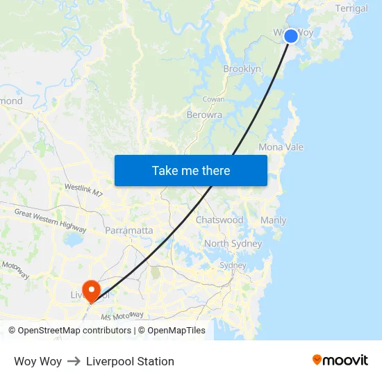 Woy Woy to Liverpool Station map