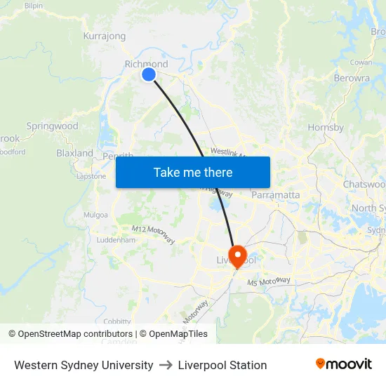 Western Sydney University to Liverpool Station map