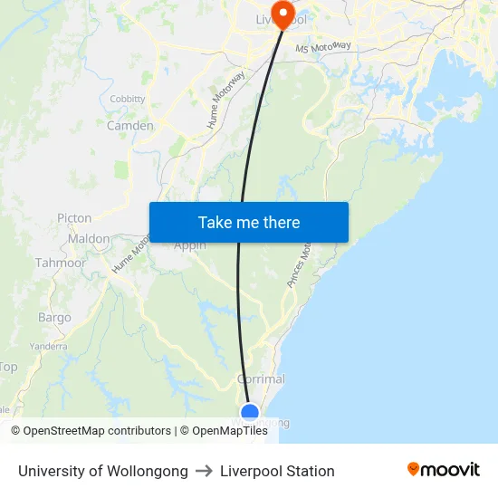 University of Wollongong to Liverpool Station map