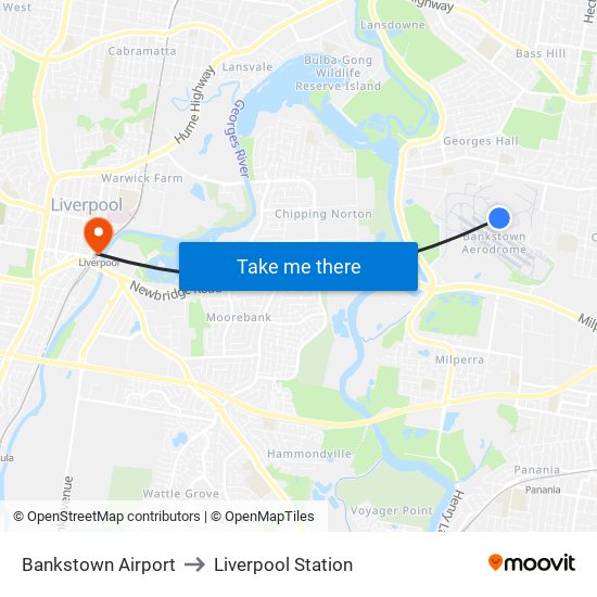 Bankstown Airport to Liverpool Station map