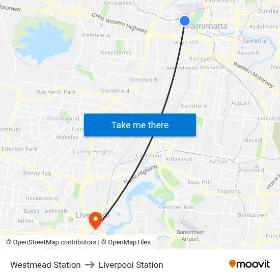 Westmead Station to Liverpool Station map