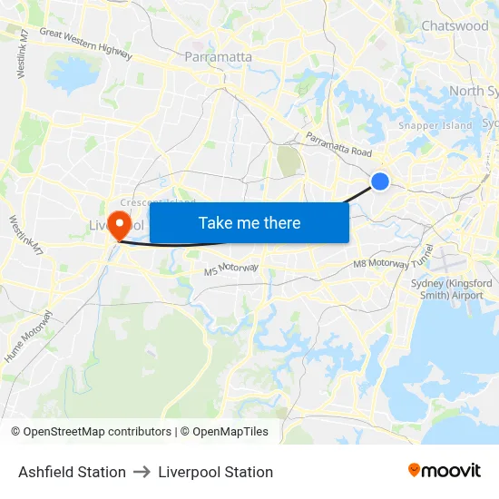 Ashfield Station to Liverpool Station map