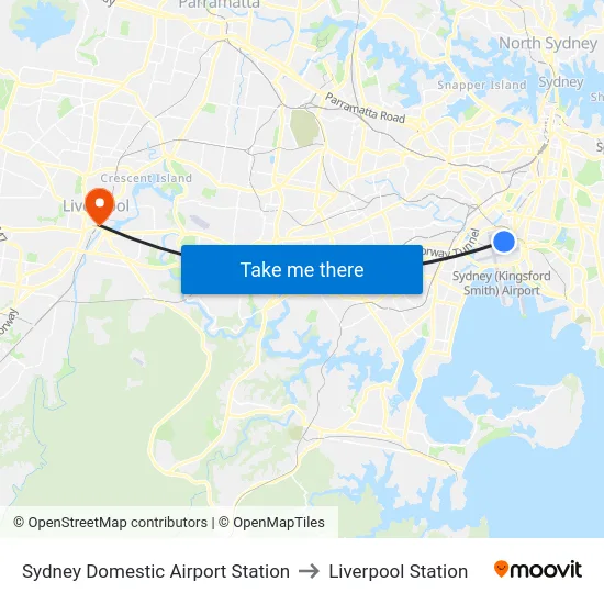 Sydney Domestic Airport Station to Liverpool Station map