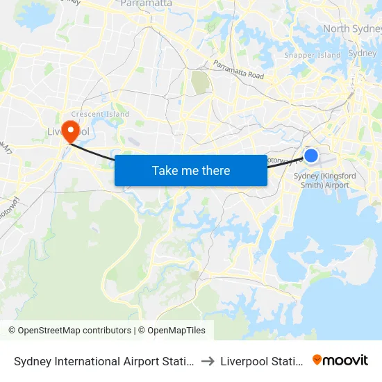 Sydney International Airport Station to Liverpool Station map