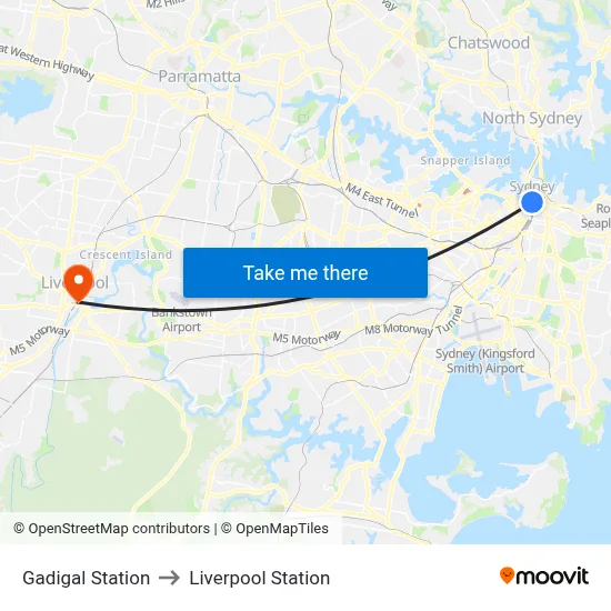 Gadigal Station to Liverpool Station map