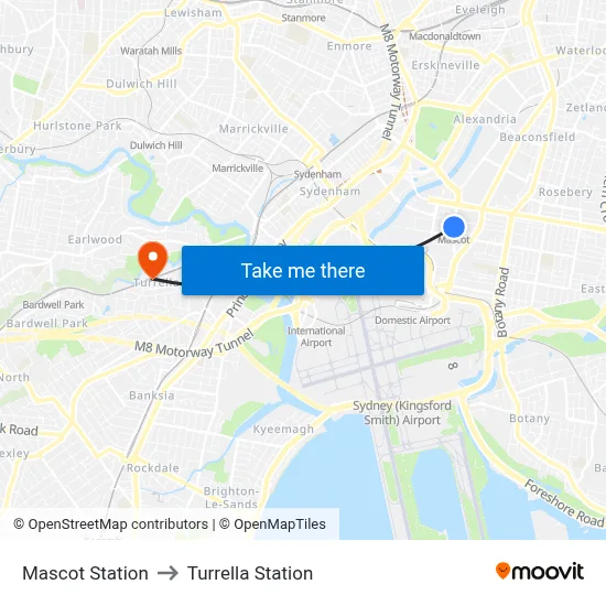 Mascot Station to Turrella Station map