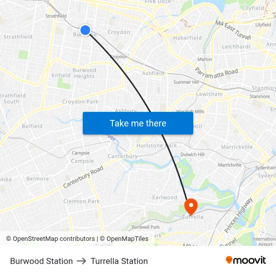 Burwood Station to Turrella Station map