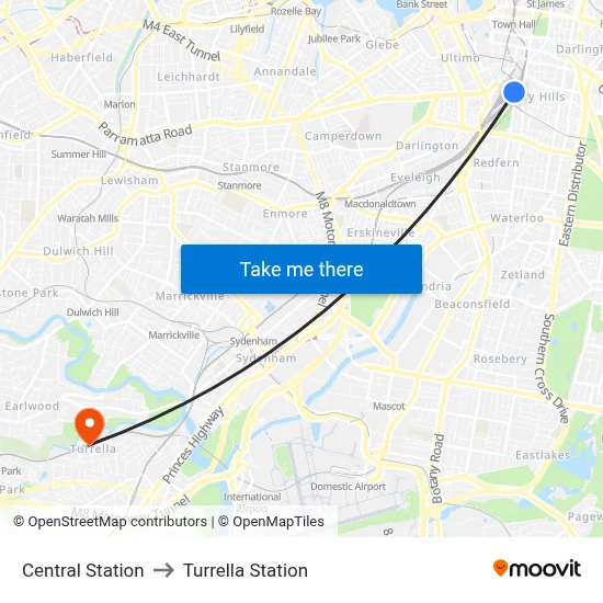 Central Station to Turrella Station map