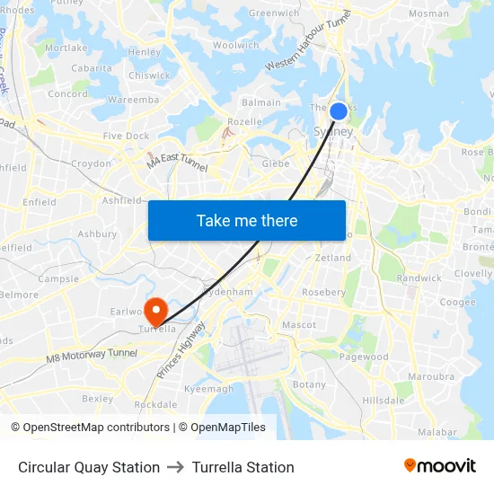 Circular Quay Station to Turrella Station map