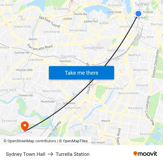 Sydney Town Hall to Turrella Station map