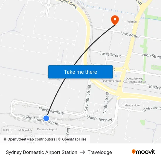 Sydney Domestic Airport Station to Travelodge map