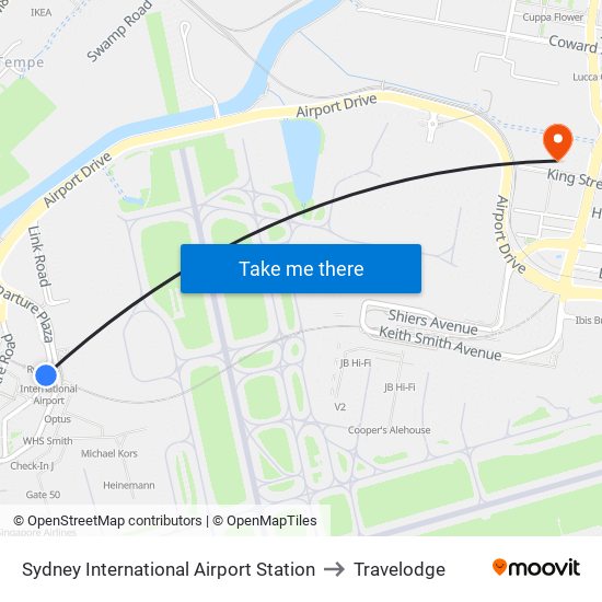Sydney International Airport Station to Travelodge map