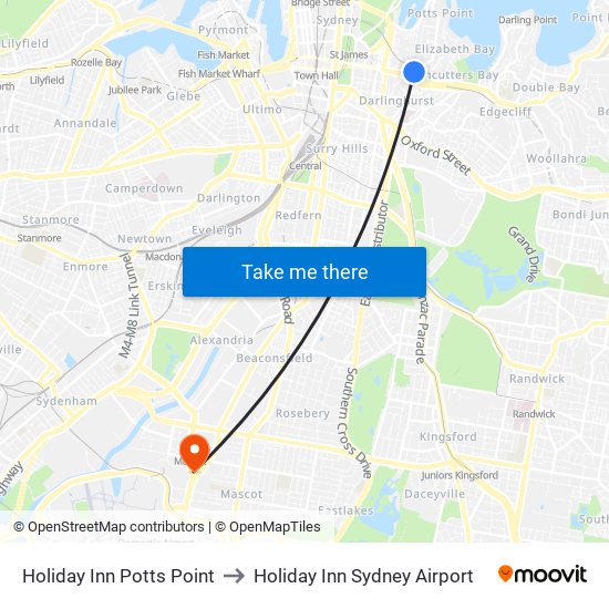 Holiday Inn Potts Point to Holiday Inn Sydney Airport map