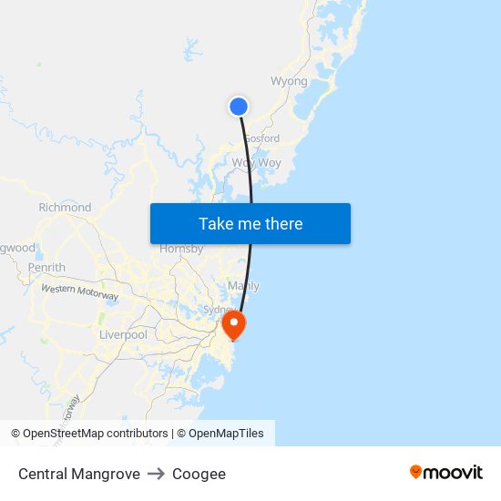 Central Mangrove to Coogee map