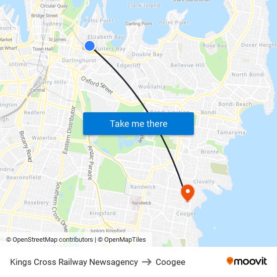 Kings Cross Railway Newsagency to Coogee map