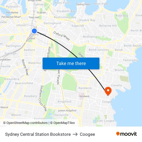 Sydney Central Station Bookstore to Coogee map