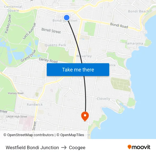 Westfield Bondi Junction to Coogee map