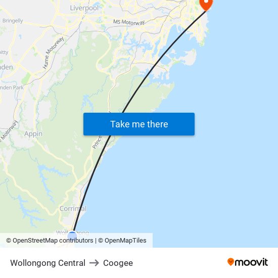 Wollongong Central to Coogee map