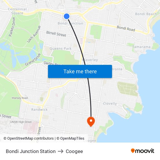 Bondi Junction Station to Coogee map