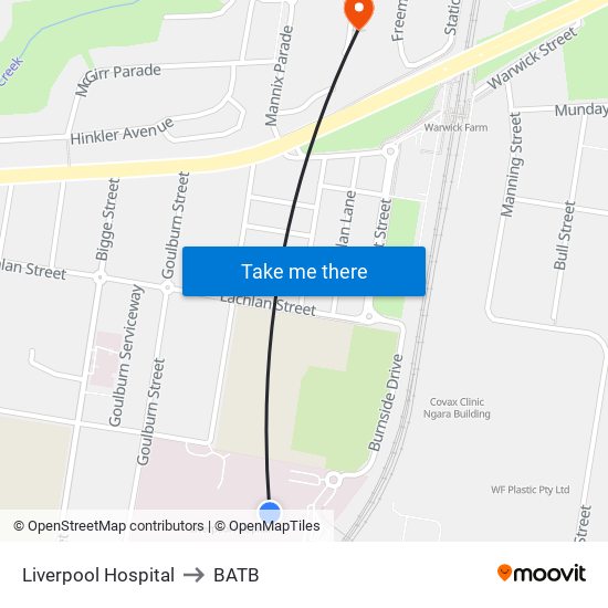 Liverpool Hospital to BATB map