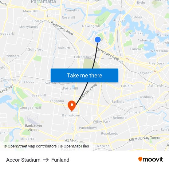 Stadium Australia to Funland map