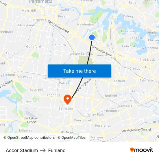 Stadium Australia to Funland map