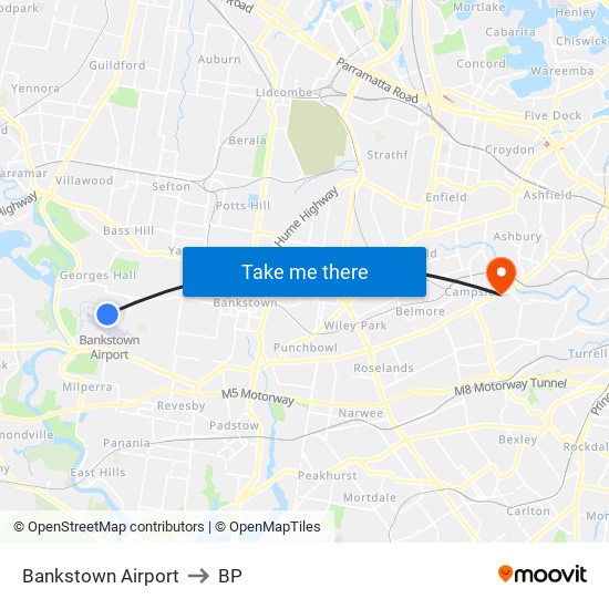 Bankstown Airport to BP map